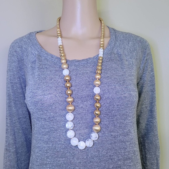 Women's Beaded Rope Fashion Necklace Round Shape Gold/White OS - Picture 2 of 4